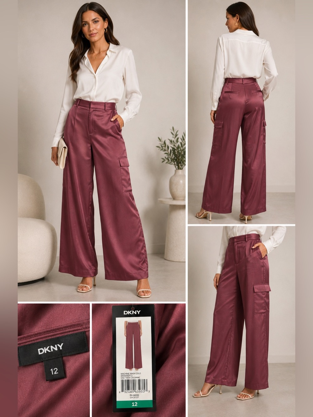 NWT DKNY Satin Wide Leg Cargo Pants Dark Pink Size 12